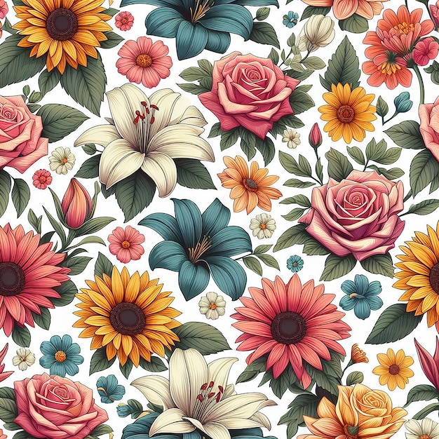 PSD un hermoso fondo de flores de colores con un patrón sin costuras