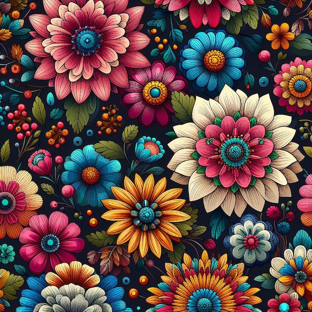 PSD un hermoso fondo de flores de colores con un patrón sin costuras