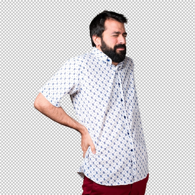 Hermoso hombre morena con barba con dolor de espalda