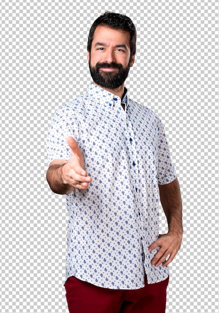 Hermoso hombre morena con barba haciendo un trato