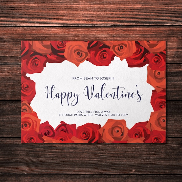 PSD hermoso mockup de tarjeta de san valentin con rosas rojas