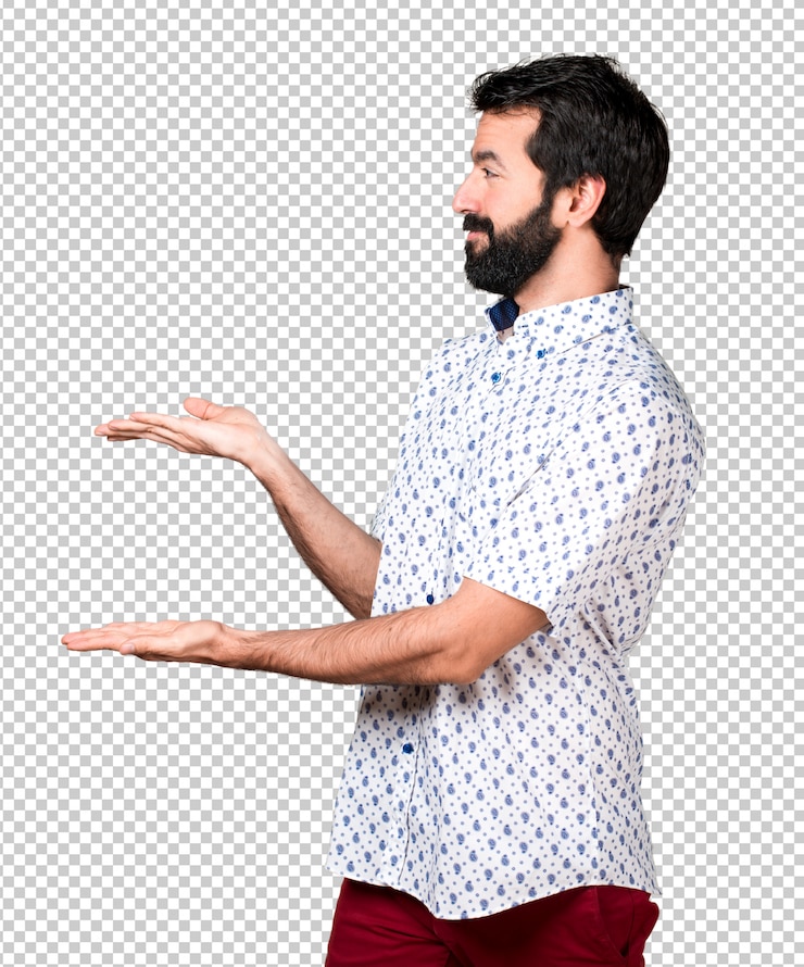 PSD hermoso morena hombre con barba que presenta algo