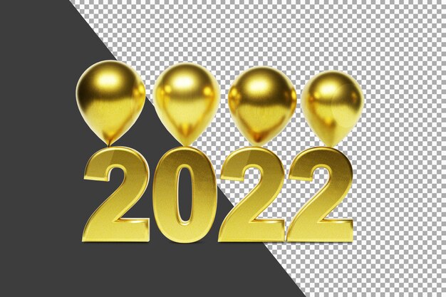 Hermoso número 2022 con globos y representación 3d de color dorado aislada