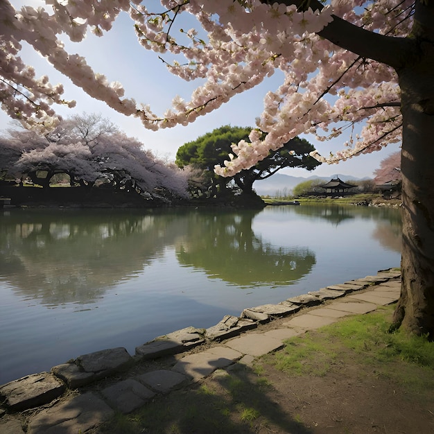 PSD el hermoso paisaje del jardín de las cerezas en flor