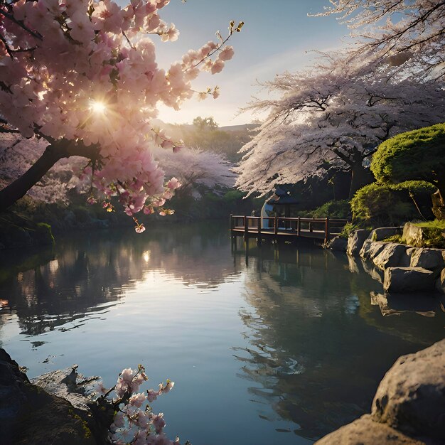 El hermoso paisaje del jardín de las cerezas en flor