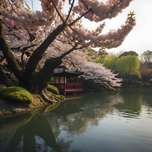 El hermoso paisaje del jardín de las cerezas en flor