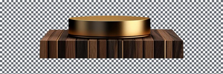 PSD hermoso podio de madera negra y dorada sobre un fondo transparente