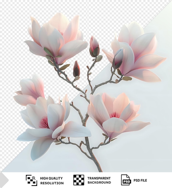 Hermoso ramo de flores de magnolia transparente con pétalos rosados y blancos en un fondo aislado