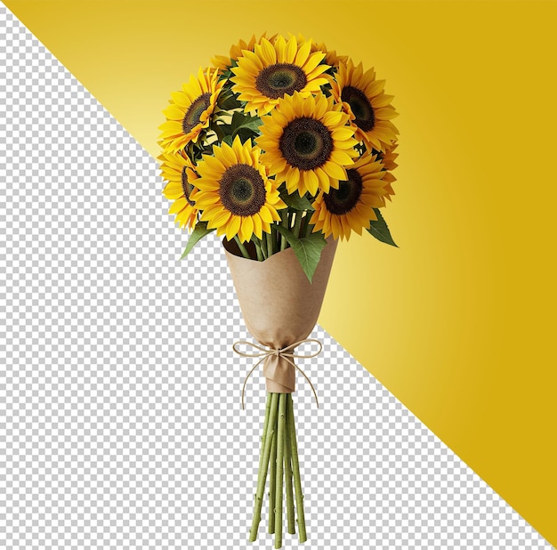Un hermoso ramo de girasoles en un envoltorio de papel