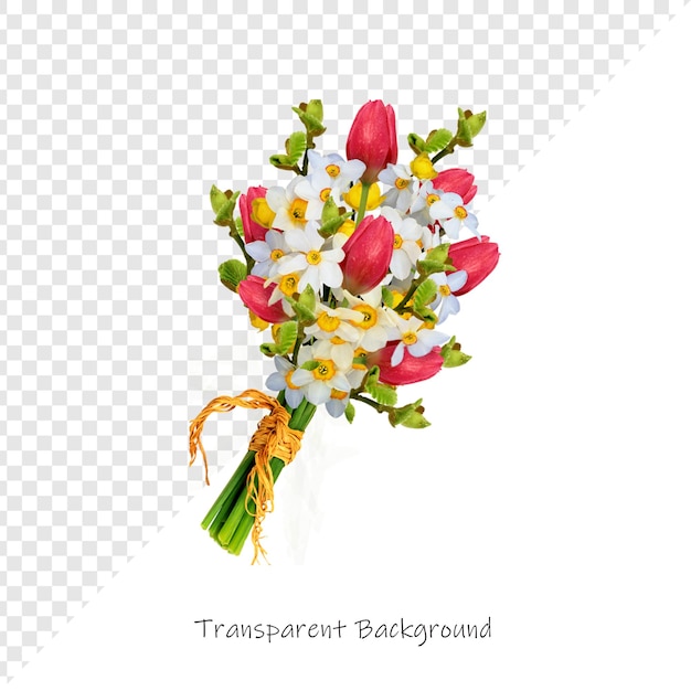Un hermoso ramo de tulipanes y narcisos sobre un fondo transparente