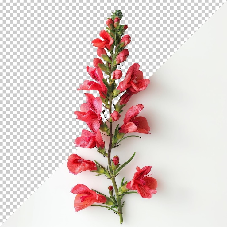 PSD un hermoso tallo de flor de snapdragon rosado contra un fondo blanco que muestra sus delicados pétalos y colores vibrantes