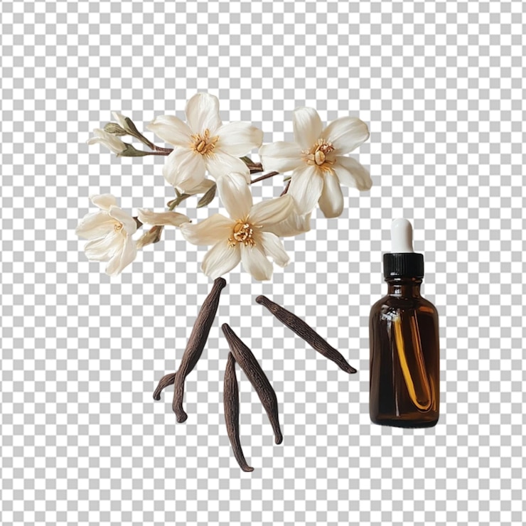 PSD hermosos aceites corporales con olor a almendra de cereza aislados sobre un fondo transparente