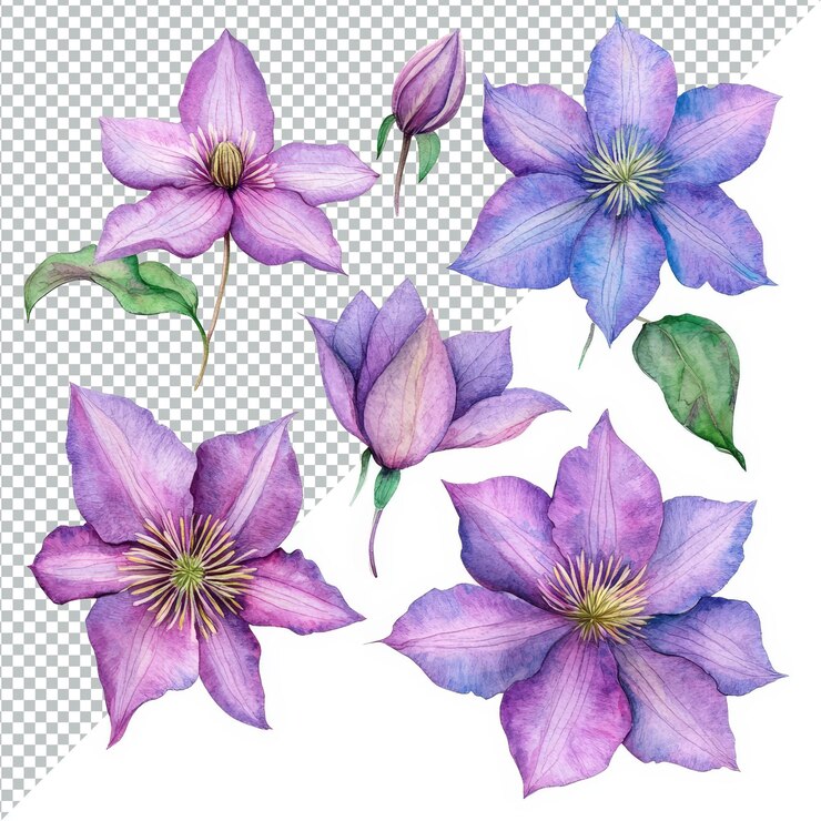 PSD hermosos cliparts de acuarela de flores de clematis en varias etapas de floración con elementos de vegetación exuberante flores de clamatis aisladas en fondo blanco