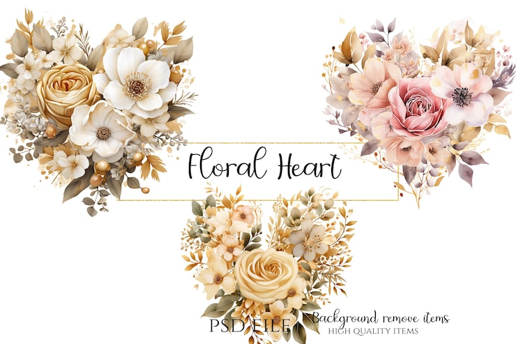 PSD hermosos corazones florales de san valentín png