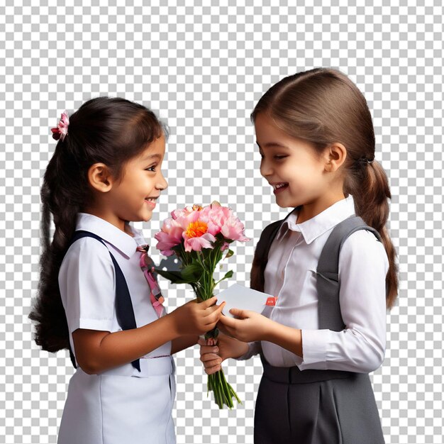 PSD hermosos niños estudiantes juntos en clase en la escuela dan flores a su mejor maestra