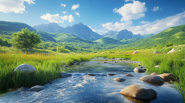 PSD hermosos paisajes de montañas verdes y aguas fluyentes con rocas en el río y cielo azul