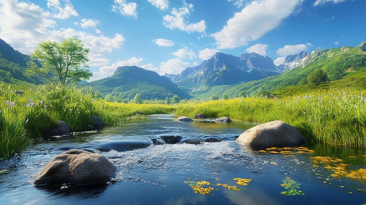 PSD hermosos paisajes de montañas verdes y aguas fluyentes con rocas en el río y cielo azul