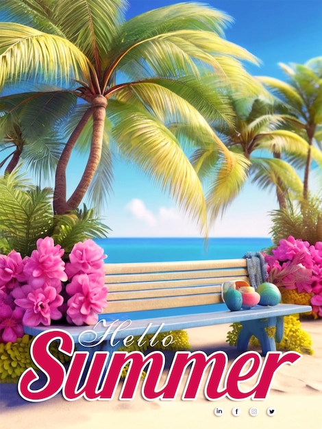 PSD hermosos posters de verano plantilla con silla y escena de puesta de sol vibraciones retro diseño