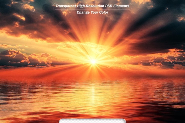 PSD hermosos rayos del sol al atardecer y el reflejo en la calma superficie del océano