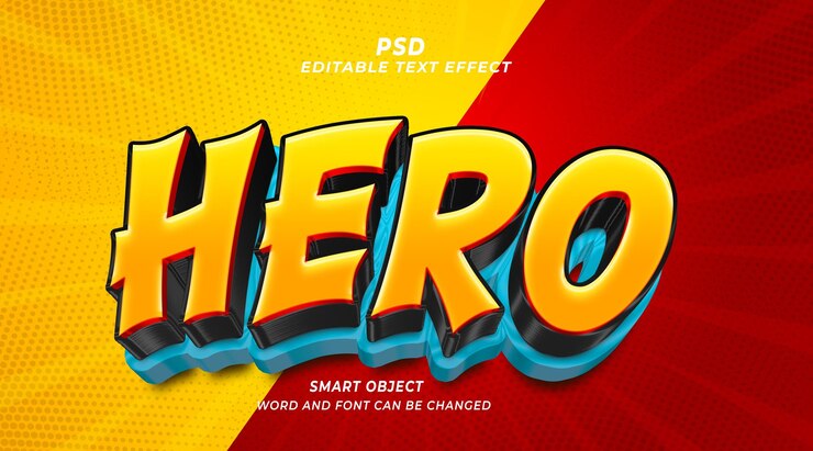 PSD hero comic art psd 3d plantilla de photoshop de efecto de texto editable con fondo