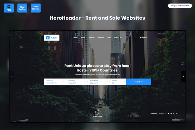 PSD hero header für miet- und verkaufswebsites