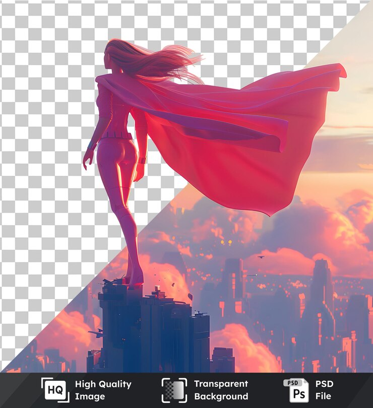 PSD héroe con el cabo con vistas a la ciudad al atardecer imagen aislada