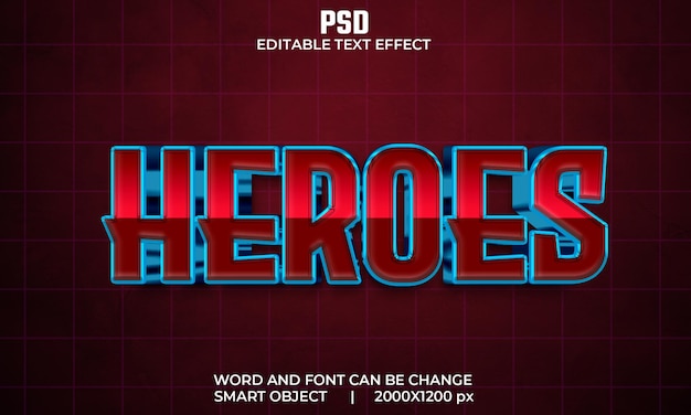 Héroes 3d efecto de texto editable psd premium con fondo
