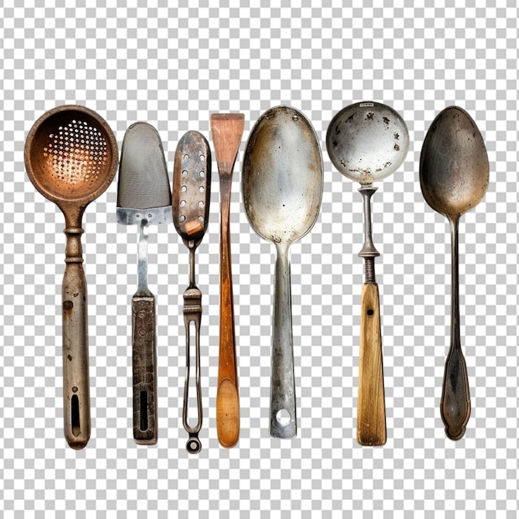 PSD herramientas de cocina utensilios metálicos colgantes estante de primer plano realista con cuchara espátula skimmer horquilla de cocina
