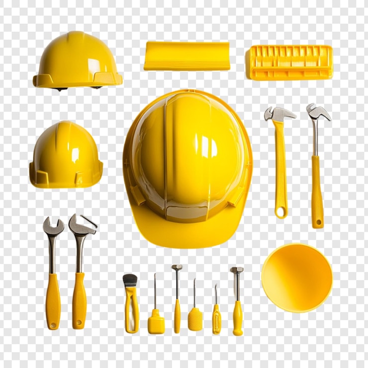 PSD herramientas de construcción amarillas y cascos de seguridad