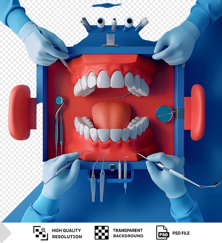 PSD las herramientas dentales dispuestas alrededor de una boca modelo con un fondo transparente