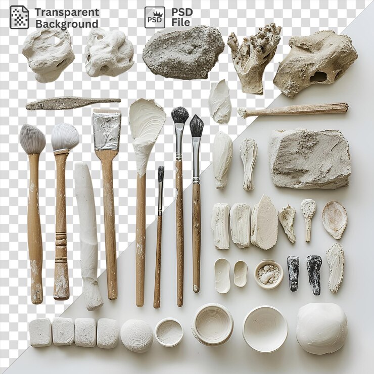 PSD herramientas de escultura de imagen psd y conjunto de arcilla exhibido en un fondo transparente acompañado de un pequeño cuenco blanco