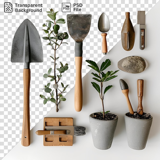 PSD herramientas de jardinería urbana aisladas establecidas en una pared blanca que incluyen un cuchillo de madera gris y copa blanca planta pequeña y espátula de madera con un mango de marrón y madera visible en la parte delantera
