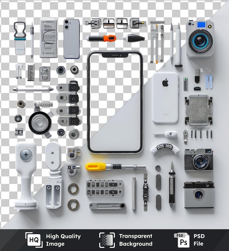 PSD herramientas profesionales de desarrollo de aplicaciones móviles premium configuradas en un fondo transparente con una cámara plateada y gris un mango naranja y una cámara plata y gris