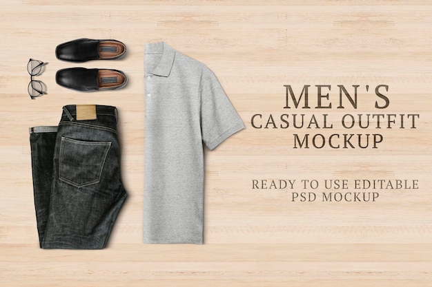 Herren Casual Outfit Mockup PSD mit Poloshirt und Jeans einfache Kleidung