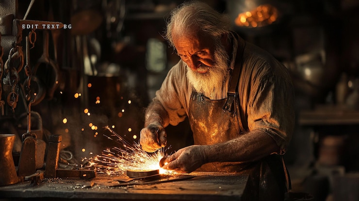PSD el herrero anciano que trabaja con metal brillante en su taller hace volar chispas