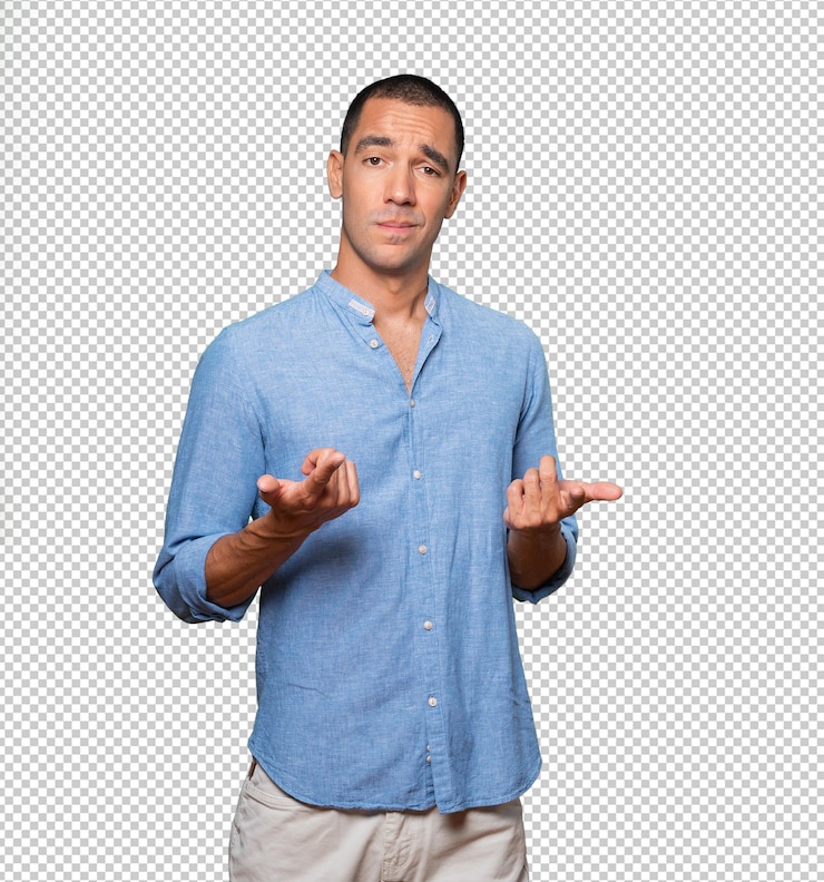 PSD hesitant young man pointing at you with his finger