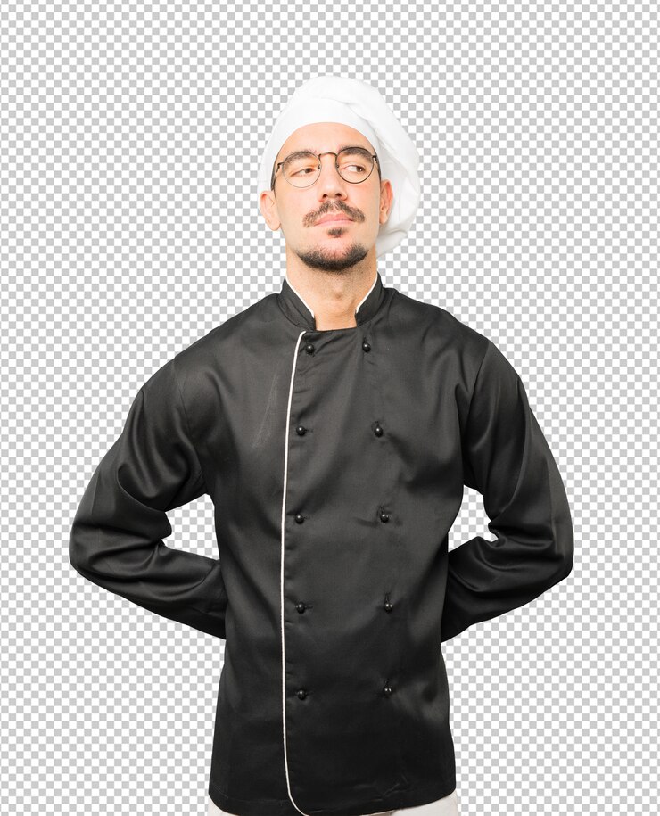 PSD hesitante jovem chef olhando para cima gesto
