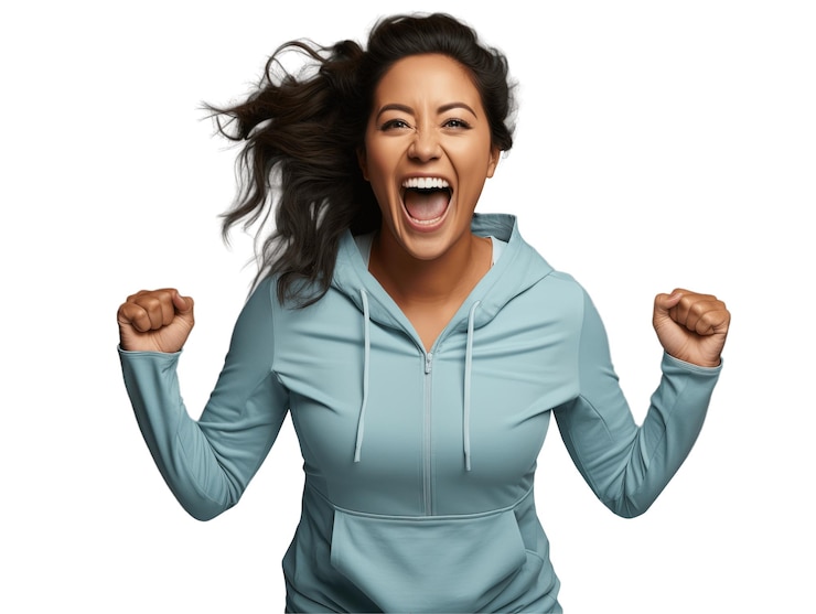 PSD heureuse femme modèle taille plus criant et souriant sur fond transparent generative al