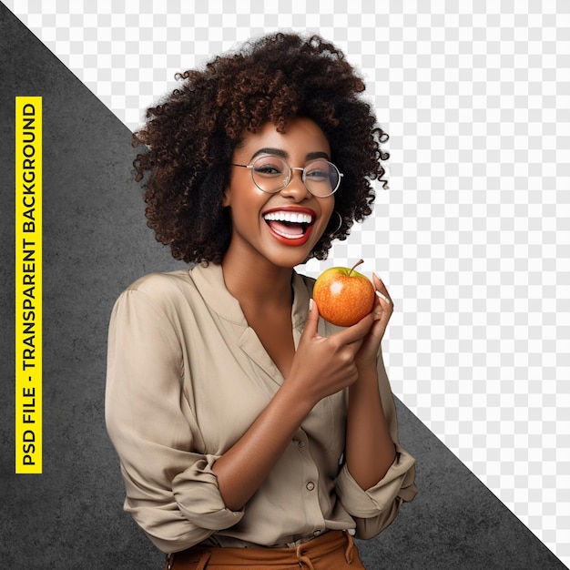 PSD heureuse jeune femme noire mange une pomme psd isolé transparent