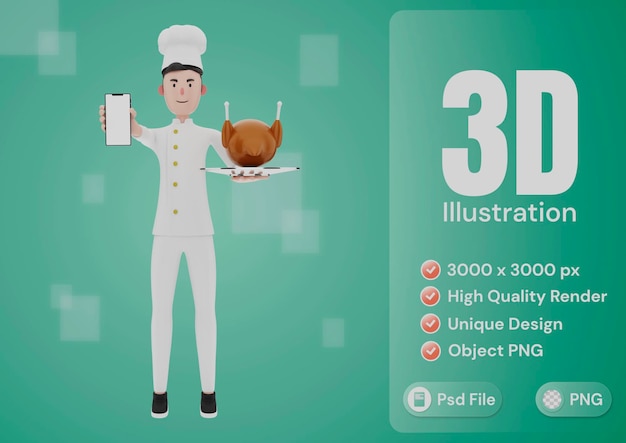 heureux, chef cuisinier, 3d, illustration
