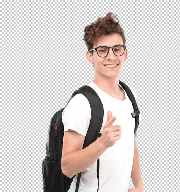 Heureux étudiant pointant avec sa main