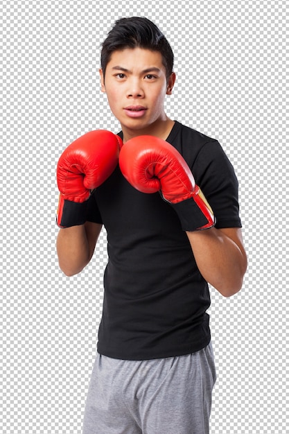 Heureux Homme De Sport Chinois Avec Des Gants De Boxe