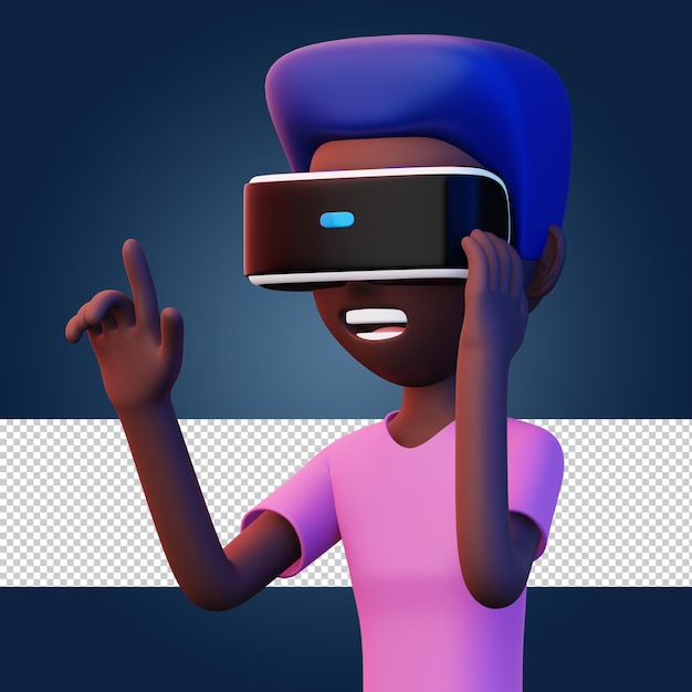 Heureux homme utilisant un casque de réalité virtuelle Personnage de dessin animé mignon avec rendu VR 3d