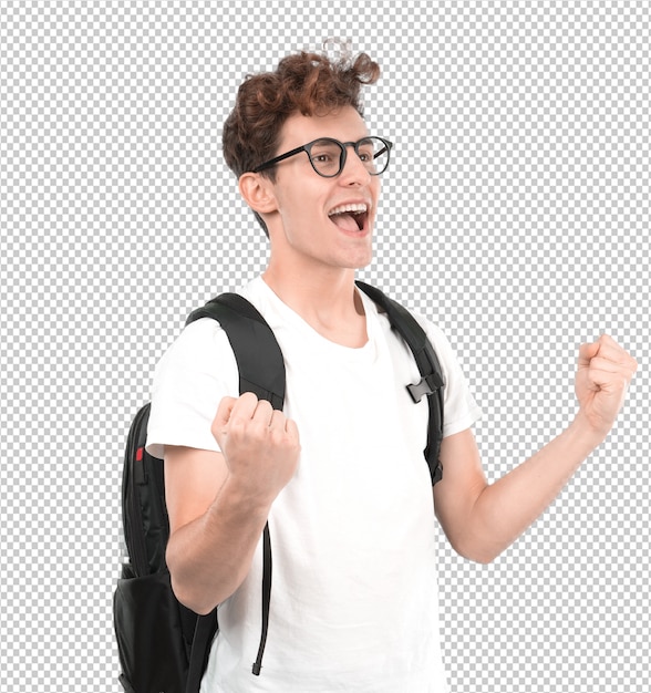 Heureux jeune étudiant avec un geste de fête