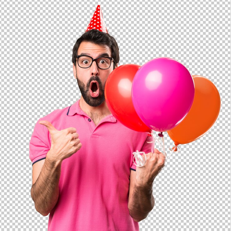 PSD heureux jeune homme tenant des ballons