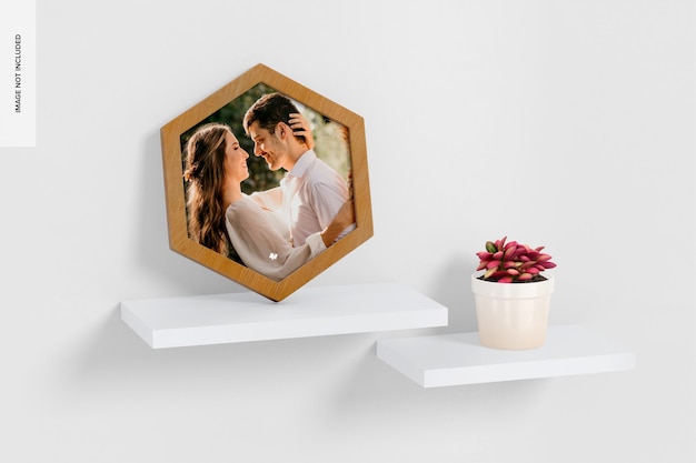 Hexagon Wall Photo Frame Mockup, auf Regal