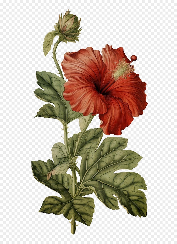PSD hibisco isolado em fundo transparente velha ilustração botânica