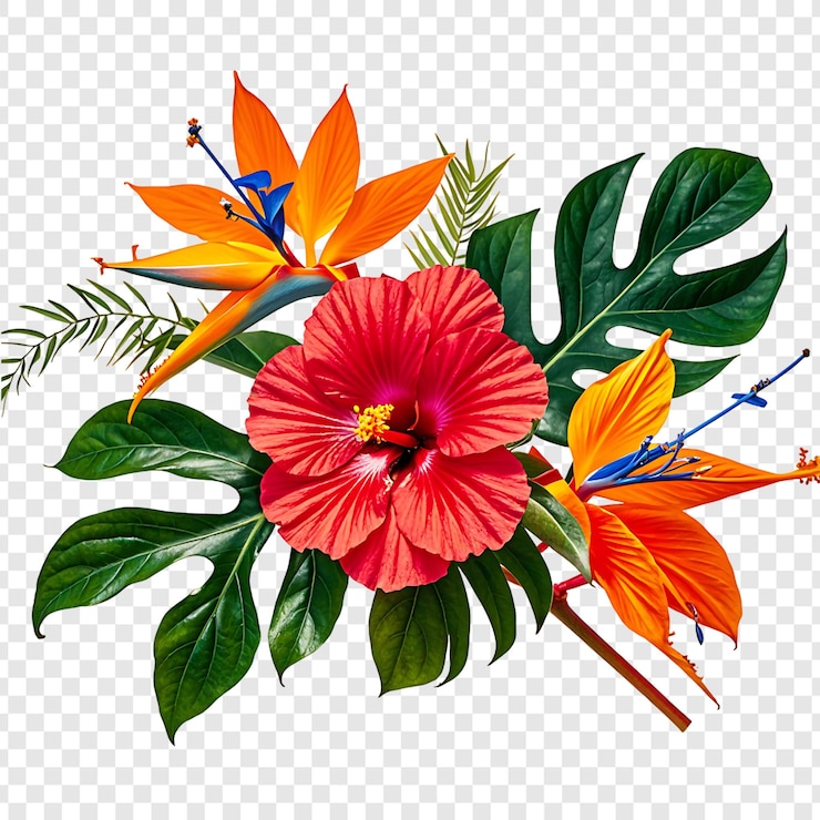 PSD hibiskus, paradiesvogel und andere tropische blumen auf weißem hintergrund