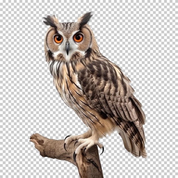 PSD hibou sur une branche isolée sur fond transparent