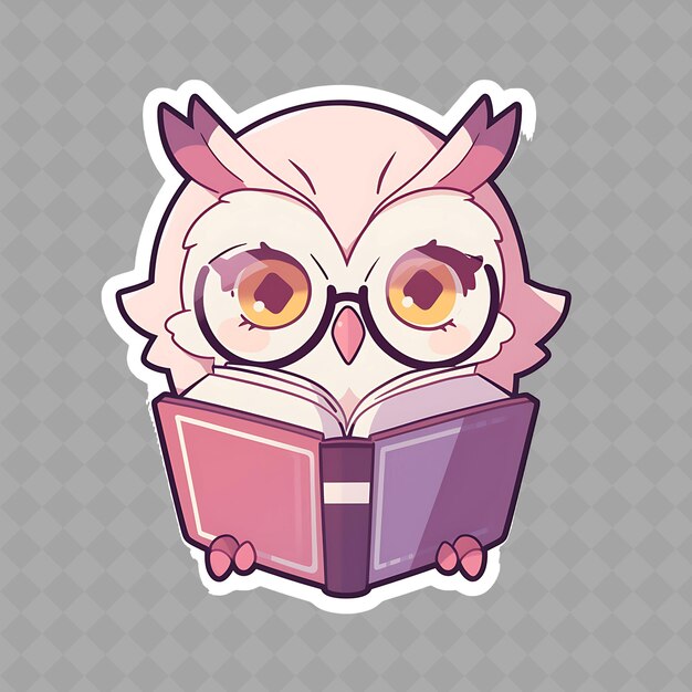 PSD un hibou de dessin animé lisant un livre avec une couverture rose et violette